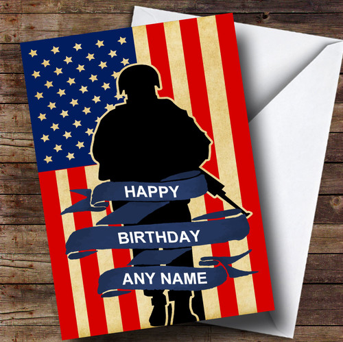 Soldier & American Flag Personalized Birthday Greetings Greetings Card