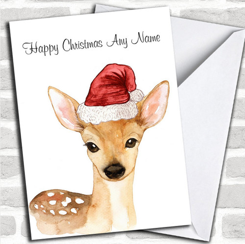 Cute Watercolour Deer Santa Hat Personalized Childrens Christmas Holiday Greetings Card