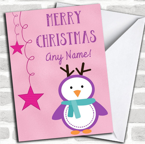Purple Penguin And Stars Personalized Childrens Christmas Holiday Greetings Card