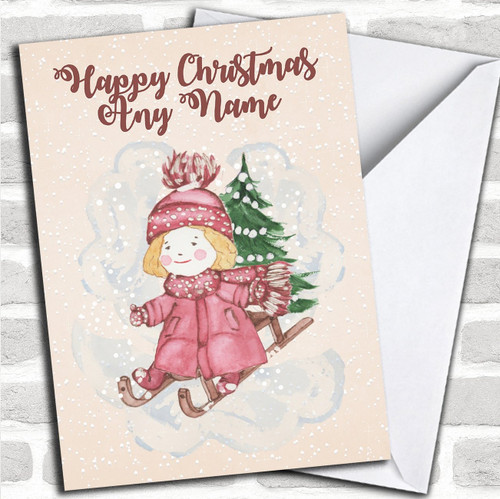 Snowy Cute Girl On Sleigh Personalized Childrens Christmas Holiday Greetings Card