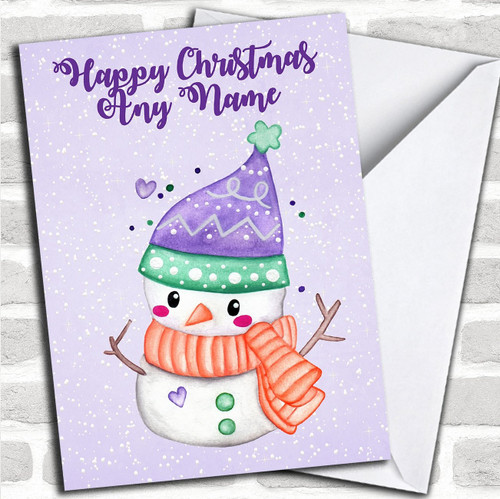 Snowy Cute Purple Snowman Personalized Childrens Christmas Holiday Greetings Card