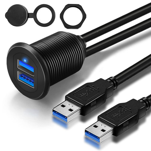 GOBGOD Double Port USB 3.0 Car Mount Flush Cable, USB3.0 Male to Female Car Mount Extension Cable for Car Motorcycle Boat Dashboard Panel 1ft