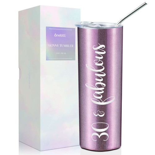 Onebttl 30th Birthday Gifts for Her, Women, Female - 30 and Fabulous - 20oz/590ml Stainless Steel Insulated Tumbler with Straw, Lid, Message Card - (Dark Purple)