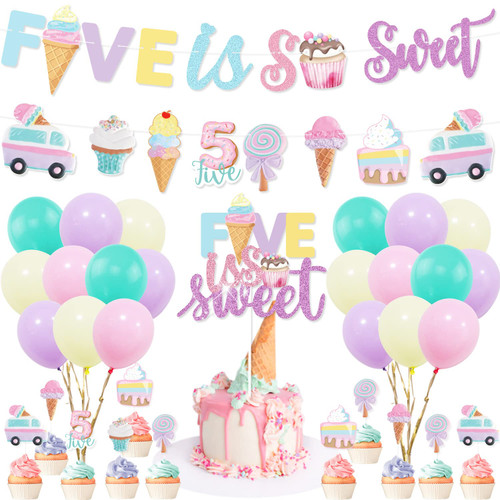 Ice Cream 5th Birthday Party Decorations, Five is So Sweet Party Banner Cake Cupcake Toppers Macaron Balloon for Summer Girls Ice Cream 5th Birthday Sweet Fifth Ice Cream Theme Birthday Party Supplies