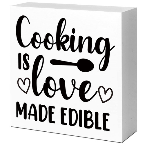 Rustic Cooking is Love Made Edible Kitchen Sign Decor,Funny Kitchen Wood Block Signs,Farmhouse Kitchen Wooden Box Sin Decor for Home Kitchen Shelf Counter Desk Table Decor
