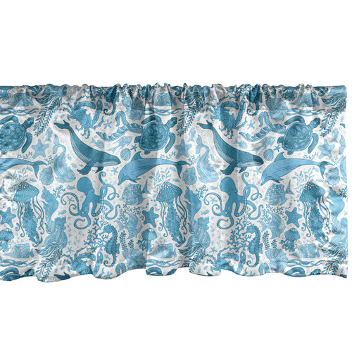 Ambesonne Whales Window Valance, Underwater Life Aquatic Creatures Algae Ocean Fauna Seahorse Octopus Print, Curtain Valance for Kitchen Bedroom Decor with Rod Pocket, 54" X 18", Blue Sky