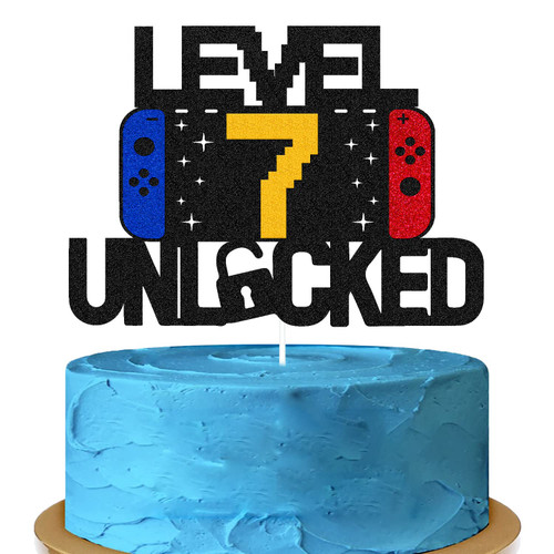 Level 7th Unlocked Sign Cake Topper Happy 7th Birthday Level Up seventh Cake Decorations for Video Game Controller Themed Kids Boy Girl Bday Party Supplies Double Sided