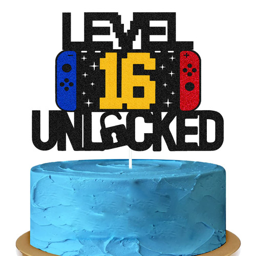 Level 16th Unlocked Sign Cake Topper Happy 16th Birthday Level Up Sixteenth Cake Decorations for Video Game Controller Themed Kids Boy Girl Bday Party Supplies Double Sided