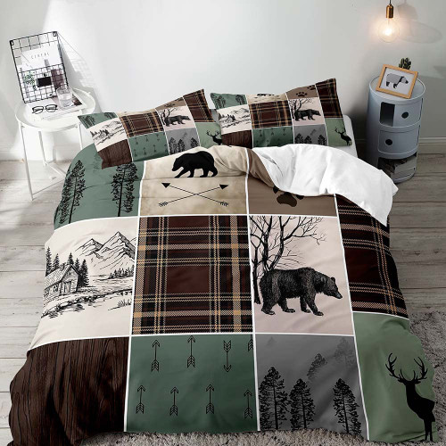 LUVIVIHOME 3PCS Cabin Rustic Bedding, King Duvet Cover, Farmhouse Bedding, Black Bear Deer Elk Moose Forest Animal Wildlife Lodge Quilt Bedspread Sage Green Brown Plaid Comforter Cover, 2 Pillow Shams