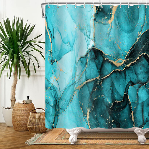 ChloropLastid Teal Marble Shower Curtains Abstract Ink Art Painting Shower Curtain Sets Jade Green Blue Odd Gold Elegant Texture Luxury Striped Modern Granite Bathroom Curtain 72x72 in with 12 Hooks