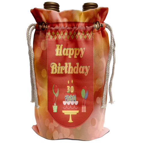 3dRose Beverly Turner Birthday Design - Happy 30th Birthday Banner, Cake with Gifts and Balloons - Wine Bag (wbg_186476_1)