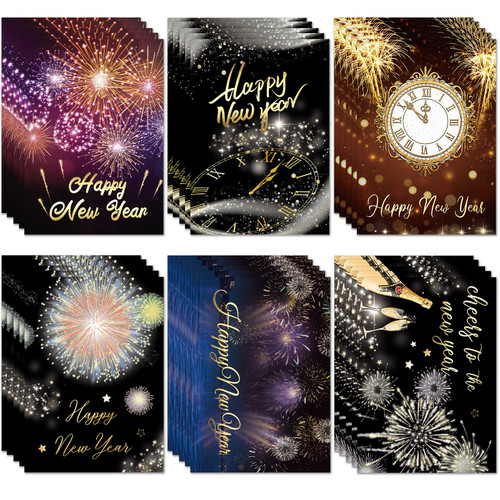 WorldBazaar Gold Foil New Year Greeting Cards with Envelopes 24PCS Happy New Year Firework Cards Holiday Greeting Cards