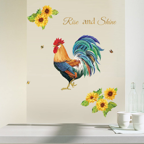 wondever Sunflower Roosters Wall Stickers Farm Animal Daisy Flowers Peel and Stick Wall Art Decals for Kitchen Living Room Bedroom