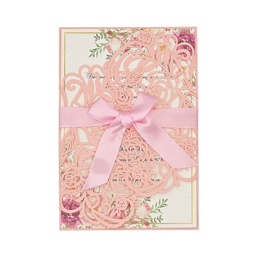 Auiocny 20Pcs Romantic Pink Rose Laser Cut Wedding Invitations Cards Pockets 5" x 7.28", With Blank Inner Sheet, Envelopes and Ribbon, for Bridal Shower, Engagement Party, Wedding Invite. (Pink)