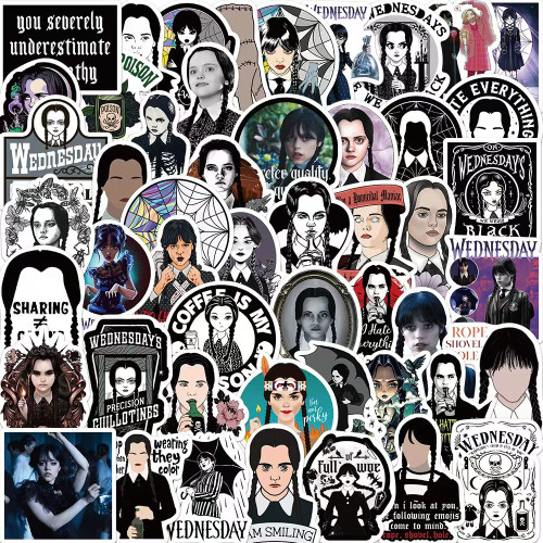 Wednesday Addams Stickers,50PCS, Tim Burton Movies Stickers 50PCS Waterproof for Decal,Laptop Hydro Flask Water Bottle Car Cup Computer Guitar Skateboard Luggage Bike Bumper, Kid/Teen Gift