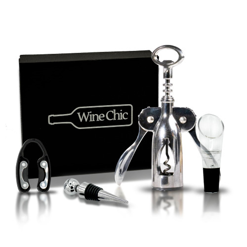 Winged Wine Opener Set by The Wine Chic - Chrome Plated Zinc Alloy Wing Corkscrew Wine Opener, Wine Aerator, Bottle Stopper, and Foil Cutter. Wine Bottle Opener and Accessories Kit. Gift Idea