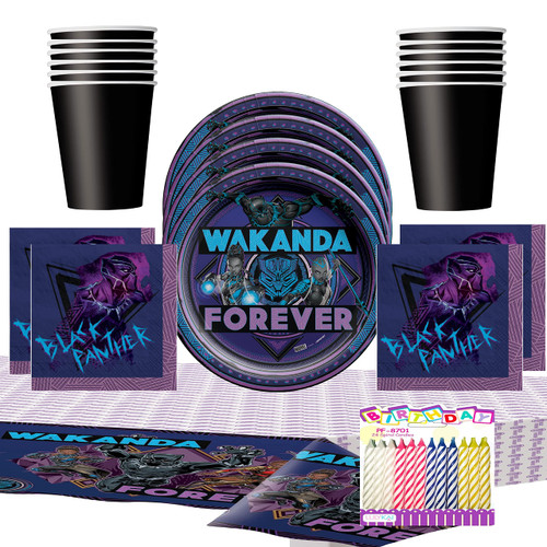 Marvel Black Panther Party Supplies Pack Serves 16: Wakanda Forever - 9" Plates Luncheon Napkins Cups and Table Cover with Birthday Candles (Bundle for 16}