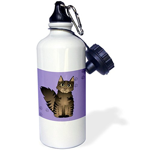 3dRose wb_35507_1"Cute Maine Coon Cartoon Cat Brown Tabby Purple with Pawprint" Sports Water Bottle, 21 oz, White 3dRose wb_35507_1"Cute Maine Coon Cartoon Cat Brown Tabby Purple with Pawprint" Sports Water Bottle, 21 oz, White