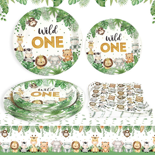 Heboland Wild One Birthday Decorations Plates Set with Tablecloths for 25 Guests, Jungle Safari Theme Tablecloths and Plates and Napkins Sets Boys First 1st Party Supplies(76 pieces)