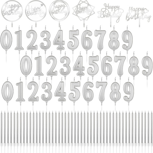 84 Pcs Birthday Candles Set 30 Numeral Birthday Candles Cake Numeral Candles 48 Metallic Birthday Candles Cake Candles 6 Glitter Acrylic Happy Birthday Cake Toppers for Wedding Party (Silver)