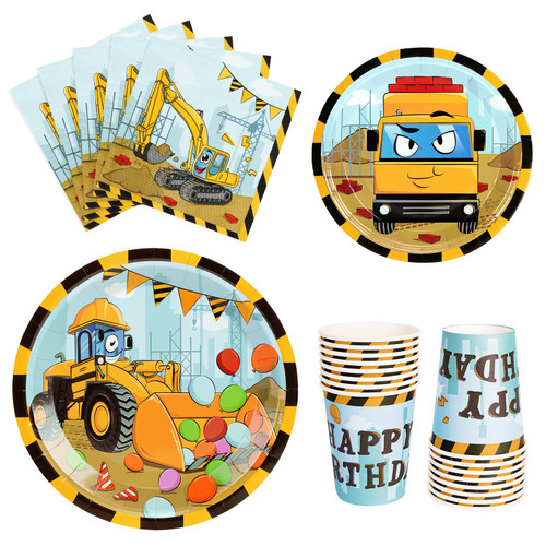 WERNNSAI Construction Birthday Tableware Set - 64 PCS Construction Party Supplies for Boys Disposable Party Plates Cups Napkins Dump Truck Excavator Tableware Serves 16 Guests
