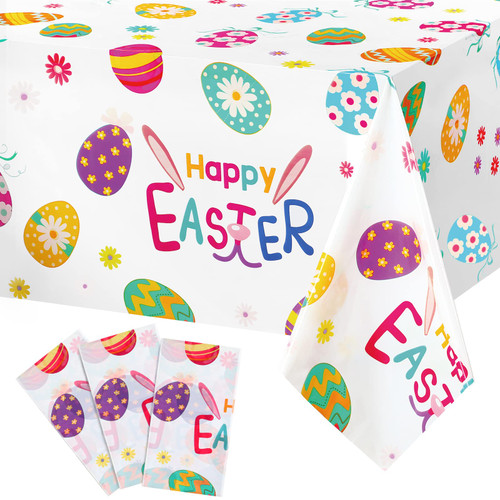 Easter Tablecloth Plastic Easter Egg Bunny Table Cover Colorful Egg with Happy Easter Bunny Tablecloth for Easter Spring Flower Themed Party Kitchen Dining Room Home Decor, 54 x 108 Inch (3)