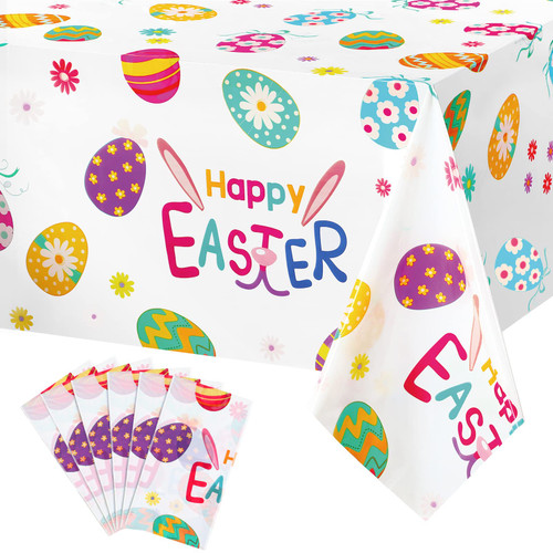 Easter Tablecloth Plastic Easter Egg Bunny Table Cover Colorful Egg with Happy Easter Bunny Tablecloth for Easter Spring Flower Themed Party Kitchen Dining Room Home Decor, 54 x 108 Inch (6)