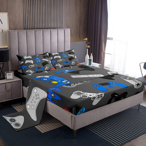 Manfei Modern Gamer Sheet Set Twin Size Videogame Controller Bedding Set 3pcs with Deep Pocket Fitted Sheet + Flat Sheet + 1 Pillowcase Youth Gaming Bed Sheet Set for Kids Boys Teens Room Decor