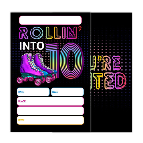 WUINCK 10th Birthday Party Invitations Cards, Roller Skating Birthday Party Invitations for Kids, Boys and Girls, Neon Skating Birthday Party Celebration Supplies, 20 Invitation with Envelopes - 0057