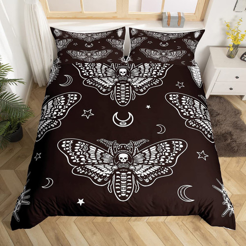 Manfei Death Moth Duvet Cover Set Full Size, Boho Gothic Skull Bedding Set 3pcs for Kids Boys Teens Room Decor, Black and White Comforter Cover with 2 Pillowcases