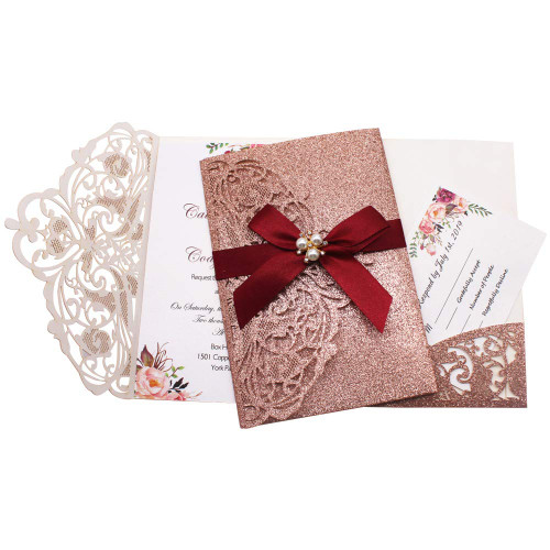 AdasBridal 25Pcs 250GSM Tri-Fold Glitter Wedding Invitations with RSVP Cards and Envelopes for Wedding Engagement Bridal Shower Birthday Quinceanera Party Invite(Rose Gold Glitter, 7.09 X 4.92inch)