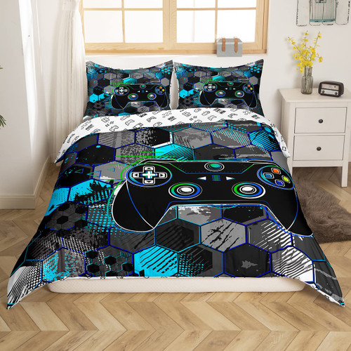 Manfei Modern Gamer Duvet Cover Set Full Size, Blue Honeycomb Gamepad Comforter Cover with 2 Pillowcases, Video Games Reversible Bedding Set 3pcs for Kids Boys Teens Bedroom Decor