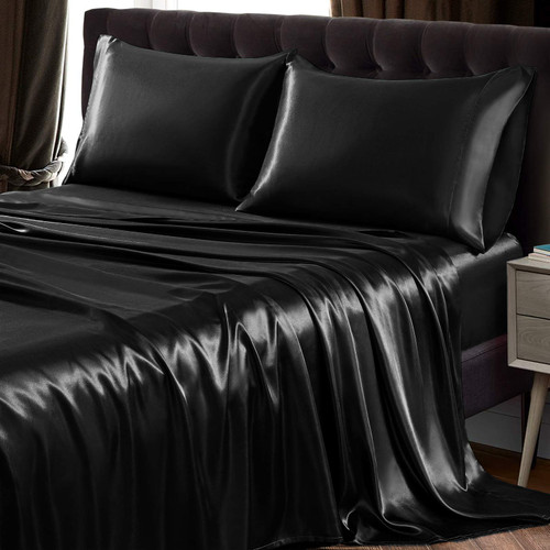 SiinvdaBZX 4Pcs Satin Sheet Set Full Size Ultra Silky Soft Black Satin Full Bed Sheets with Deep Pocket, 1 Fitted Sheet, 1 Flat Sheet, 2 Envelope Closure Pillowcases