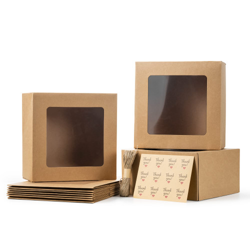 AimtoHome 10x10x5 Inch Cake Boxes With Window Brown Kraft Bakery Pastry Box for Cookies, Pie, Pastries, Cupcakes,Pack of 10