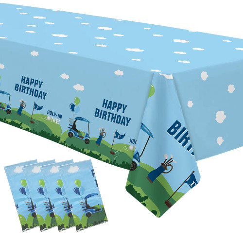 Xigejob Golf First Birthday Party Tablecloth Supplies - Disposable Hole in One Birthday Decorations Table Cover, Golf Party Decorations for Kids 1st Birthday Table Cloth - 4 Pack (54in x 108in)