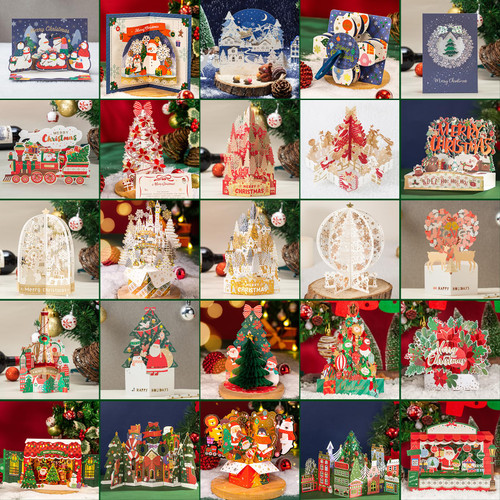 WISHGIFT 25Pcs 3D Pop Up Christmas Cards, Merry Christmas Cards Handmade, Pop Up Greeting Cards & Envelopes for Christmas, Holiday, New Year, Xmas Gift