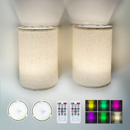 Xuolder Wall Sconce Battery Operated Wall Light Set of 2,16 RGB Colors Changeable Dimmable Wall Lamp with Fabric Shade Remote Control Wireless Wall Lighting Fixtures for Bedroom Living Room Hallway