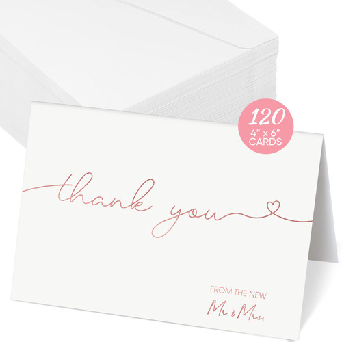 Sherr 120 Pack Wedding Thank You Cards with Envelopes, Bulk Mr and Mrs Thank You Notes, Rose Gold Foil Thank You Greeting Cards Blank Cards for Wedding Bridal Shower, 4x6''