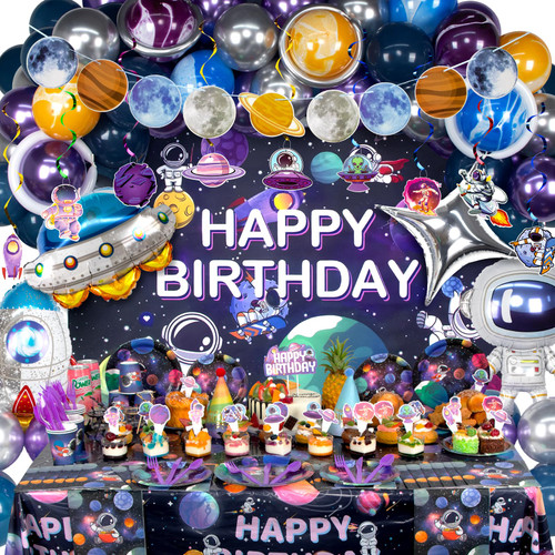 HJINGY Outer Space Party Decorations, Space Themed Party Supplies Include Space Balloons, Backdrop, Galaxy Banner, Hanging Swirls, Tablecloth, Plates, Cups, Cake Toppers for Space Birthday Decorations HJINGY Outer Space Party Decorations, Space Themed Party Supplies Include Space Balloons, Backdrop, Galaxy Banner, Hanging Swirls, Tablecloth, Plates, Cups, Cake Toppers for Space Birthday Decorations