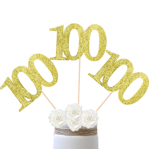 10-Pack Double Sided Glitter 100th Birthday Centerpiece Anniversary Centerpiece Sticks, Number 100 Table Topper Cake Topper for 100th Birthday Anniversary Table Party Decorations (Double Sided gold)