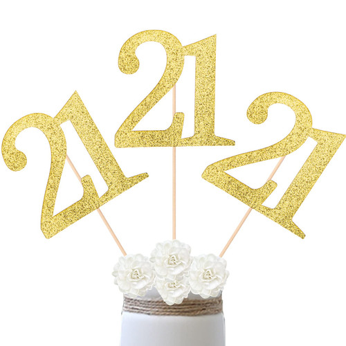 10-Pack Double Sided Glitter 21st Birthday Centerpiece Anniversary Centerpiece Sticks, Number 21 Table Topper Cake Topper for 21st Birthday Anniversary Table Party Decorations (Double Sided gold)