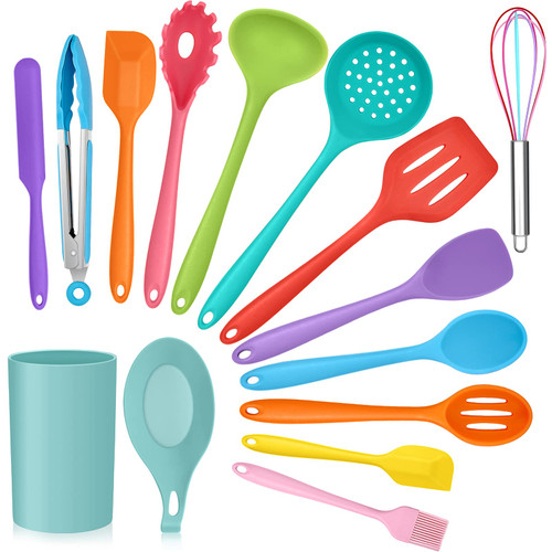 Kitchen Utensils Set, E-far 15-Piece Silicone Cooking Utensils with Holder, Non-stick Cookware Friendly & Heat Resistant, Includes Ladle Spatula Spoon Slotted Turner for Cooking & Baking (Colorful)