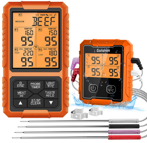 Wireless Meat Thermometer, Guichon Digital Meat Thermometer, 4 Probes Food Thermometer for BBQ, Grill, Oven, Smoker, Grill Thermometer with 500FT Remote Range Wireless Meat Thermometer, Guichon Digital Meat Thermometer, 4 Probes Food Thermometer for BBQ, Grill, Oven, Smoker, Grill Thermometer with 500FT Remote Range