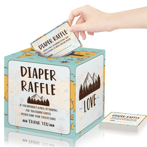 Map Diaper Raffle Tickets with Box, 1Diaper Raffle Box and 50 Diaper Raffle Cards, Diaper Raffle Tickets for Baby Shower, Diaper Party Raffle Insert Cards for Baby Shower, Party Decorations Supplies