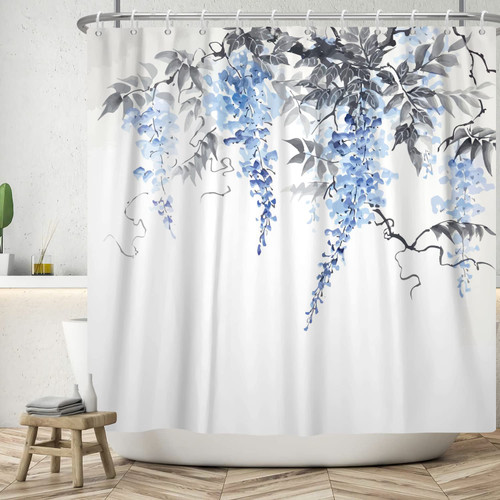 Yeele Blue Flower Shower Curtain 72x72IN Watercolor Floral Shower Curtain for Bathroom Shower Curtains Waterproof Fabric Modern Grey Leaf Shower Curtains with Hooks