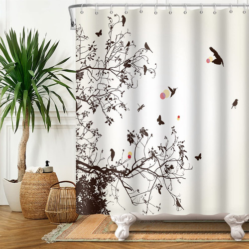 Yeele 72x72IN Modern Shower Curtains with Birds Botanical Shower Curtains Bird Shower Curtain Black Leaf Shower Curtains for Bathroom Waterproof Polyester Bathroom Decor