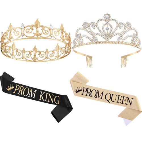 Lyrow 4 Pcs Prom Crowns and Sashes Set Prom King and Queen Tiara with Sash for Birthday Party Graduation Accessories (Gold, Black)