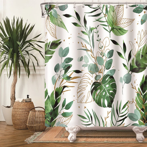 Beiyongde Green Tropical Palm Leaves Shower Curtain,Plant Eucalyptus Shower Curtain for Bathroom Decor Botanical Monstera Leaf Bath Curtain with Hooks 72"x72"
