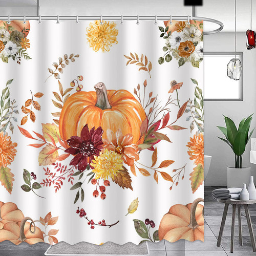 APROPHIC Fall Bohemian Pumpkin Shower Curtain Set for Bathroom Decor Autumn Harvest Thanksgiving Flowers Farmhouse Boho Watercolor Washable Bathtub Curtain with Hook 72''X72''