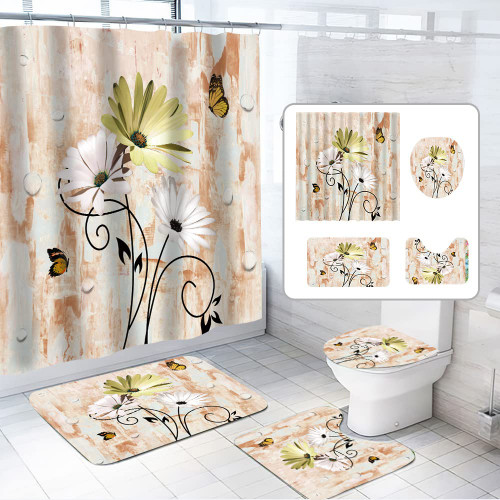 TOKTILIKT 4pcs Daisy Bathroom Accessory Shower Curtain Sets Bathroom Decoration Non-Slip Rug Toilet Lid Cover Bath Mat Rustic Farmhouse Flower Butterfly Shower Curtain Sets with 12 Hooks TOKTILIKT 4pcs Daisy Bathroom Accessory Shower Curtain Sets Bathroom Decoration Non-Slip Rug Toilet Lid Cover Bath Mat Rustic Farmhouse Flower Butterfly Shower Curtain Sets with 12 Hooks